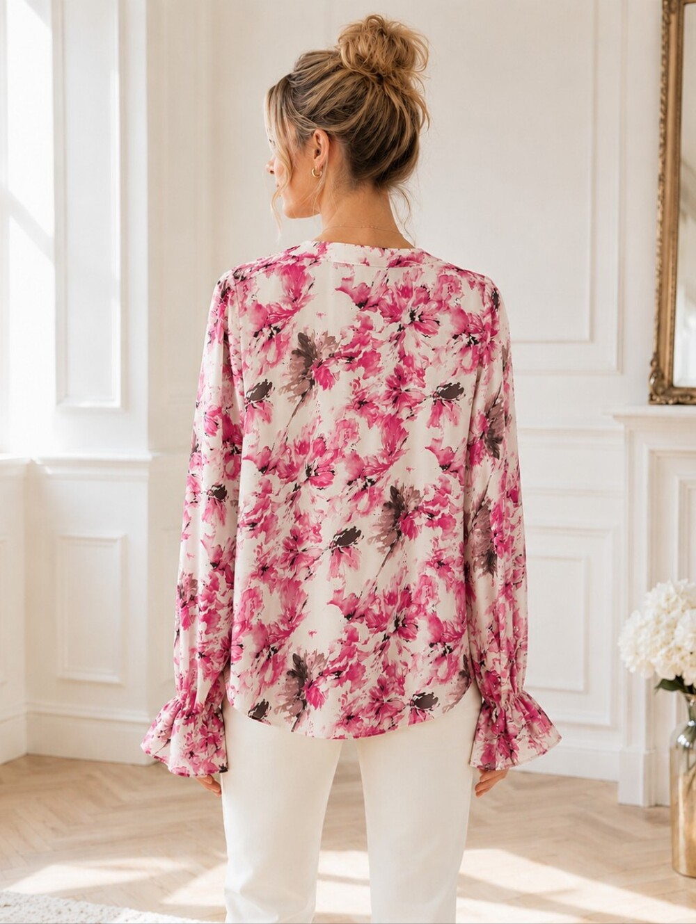 Pink Floral Ruffle Semi Sheer Blouse | Size Medium | Romantic Feminine - Picture 2 of 8
